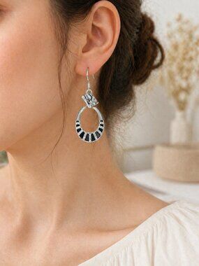 Silver Ethnic Oval Hoop Dangle Earrings Black Accent Mother's Day Gift